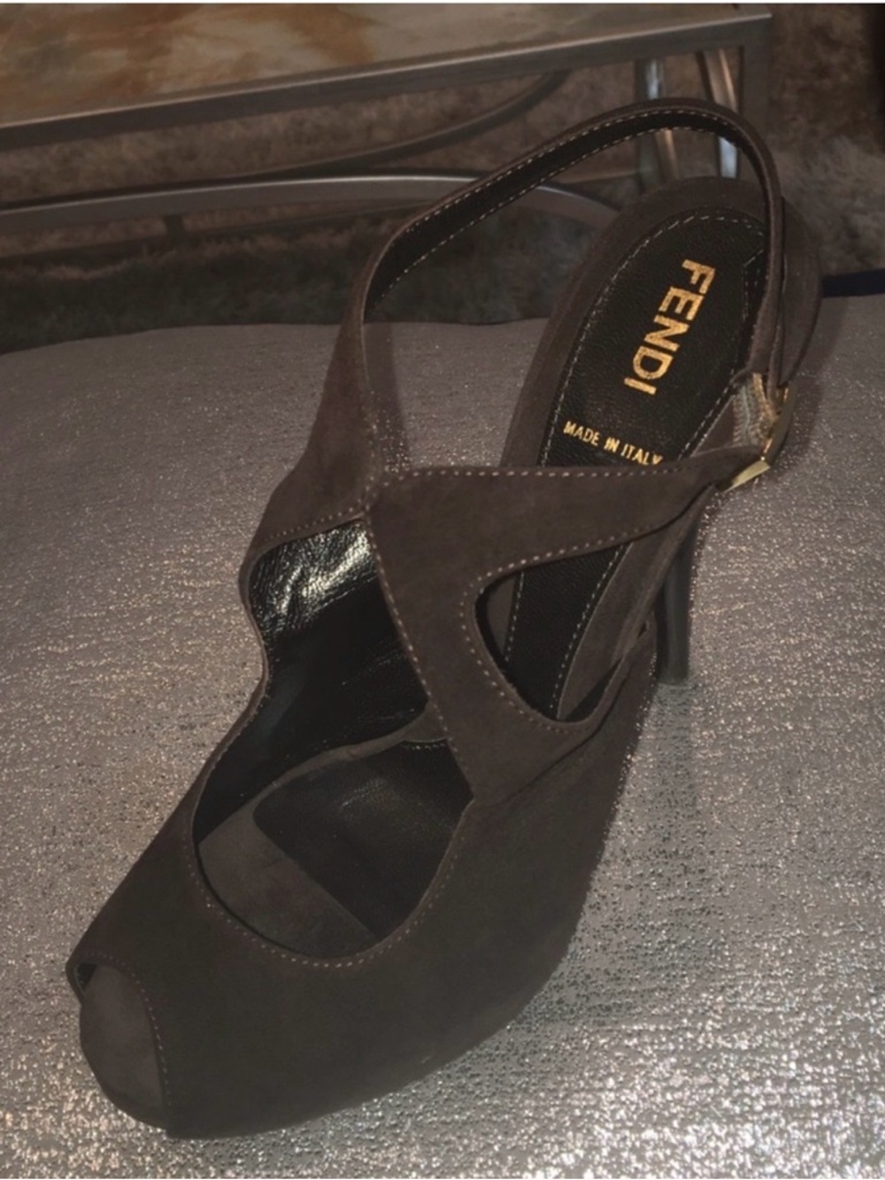 Fendi Chocolate Brown Velvet Peep Toe Slingback Heels Size 37.5 - Picture 12 of 14